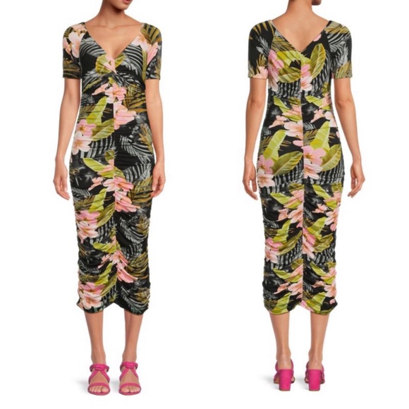 Favorite Daughter Dresses & Skirts - Favorite Daughter The Bad Decisions Tropical Ruched Midi Bodycon Dress Medium